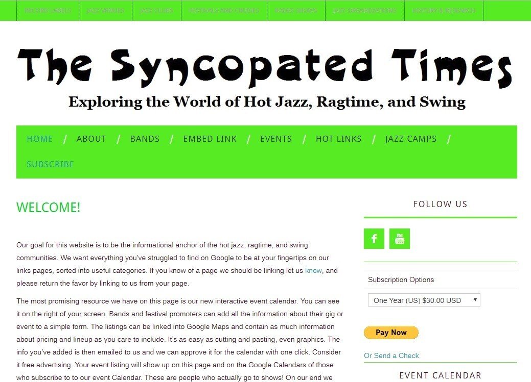 The Syncopated Times Website on its first day.