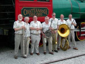 Uptown Lowdown Jazz Band in front of Train