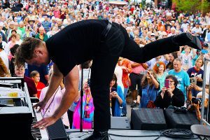 Dave Bennett demonstrates his athletic musicianship for an admiring crowd at the 2018 Elkhart (IN) Jazz Festival. Dave will be back in Elhart this month. (photo courtesy Elkhart Festivals Inc.)