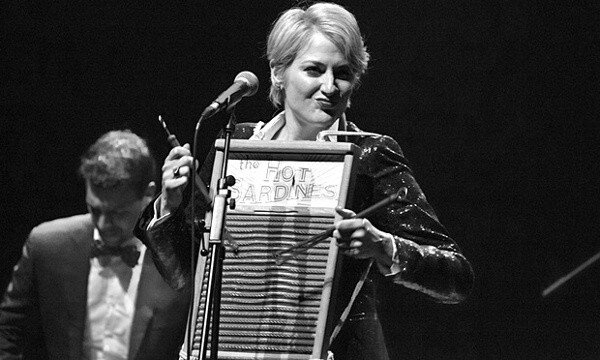 "Miz Elizabeth" Bougerol leads the Hot Sardines with her Dubl Handi washboard, still available from Ace Hardware (photo by Rob Ball) 