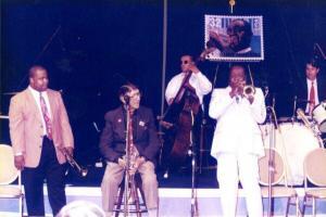 Louis Armstrong memorial stamp release party New Orleans 1995 From left, trumpeters Nicholas Payton, Doc Cheatham, and Dave Bartholomew. Photo: F. Norman Vickers