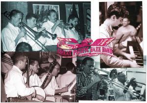 Great Pacific Jazz Band in performance and rehearsal. Upper L to R: Sanford Neubauer, Birch Smith, Charlie Sonnanstine, Roy Giomi and Robin Wetterau foreground. Lower: Lee Valencia, Tito Patri, Lloyd Byassee, Wetterau’s back, Neubauer and Frank Goulette.