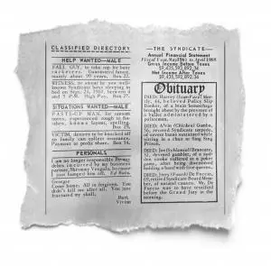 Capone’s faux newspaper clipping with classifieds and obits
