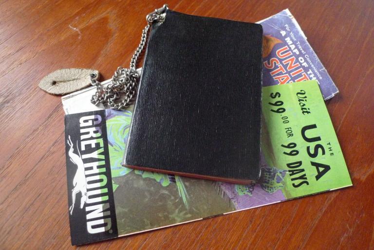 Peter Lundberg’s black book, with Greyhound brochure and US map. (courtesy Peter Lundberg)