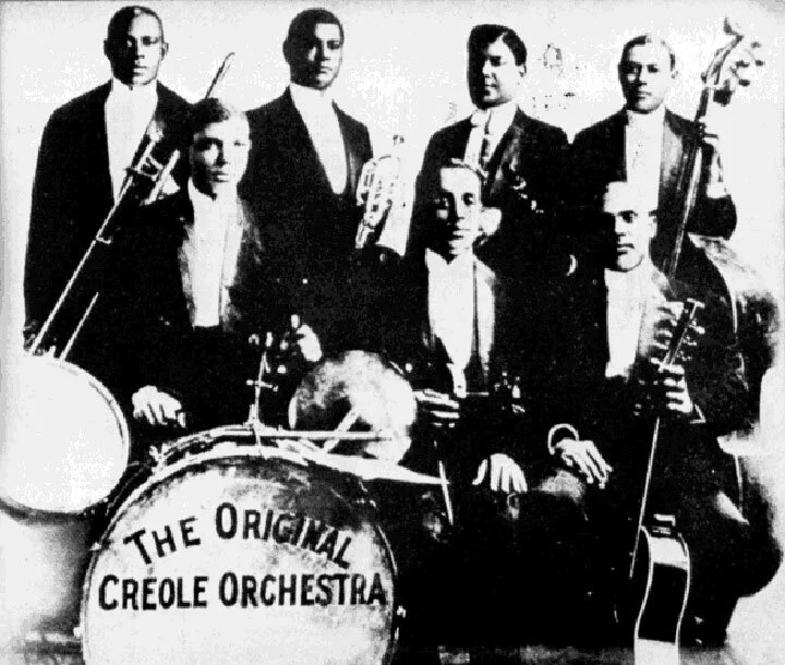 The Original Creole Orchestra Right to Left: Eddie Venson, Dink Johnson, Freddie Keppard, Jimmie Palao, George Baquet, Bill Johnson, and W.M. Williams