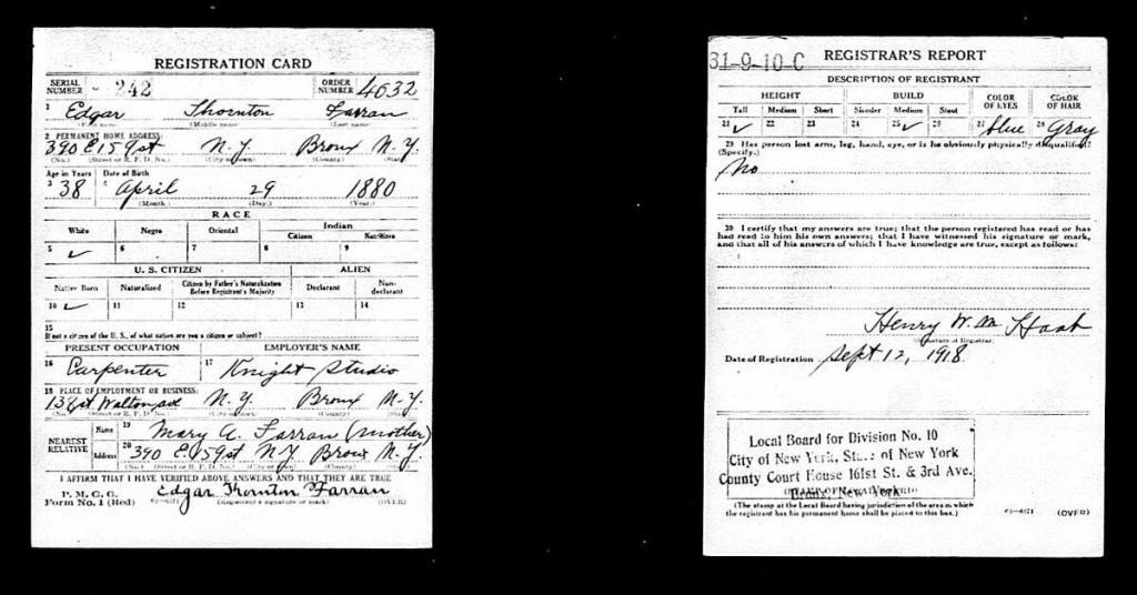 edgar Farran draft card(1918)