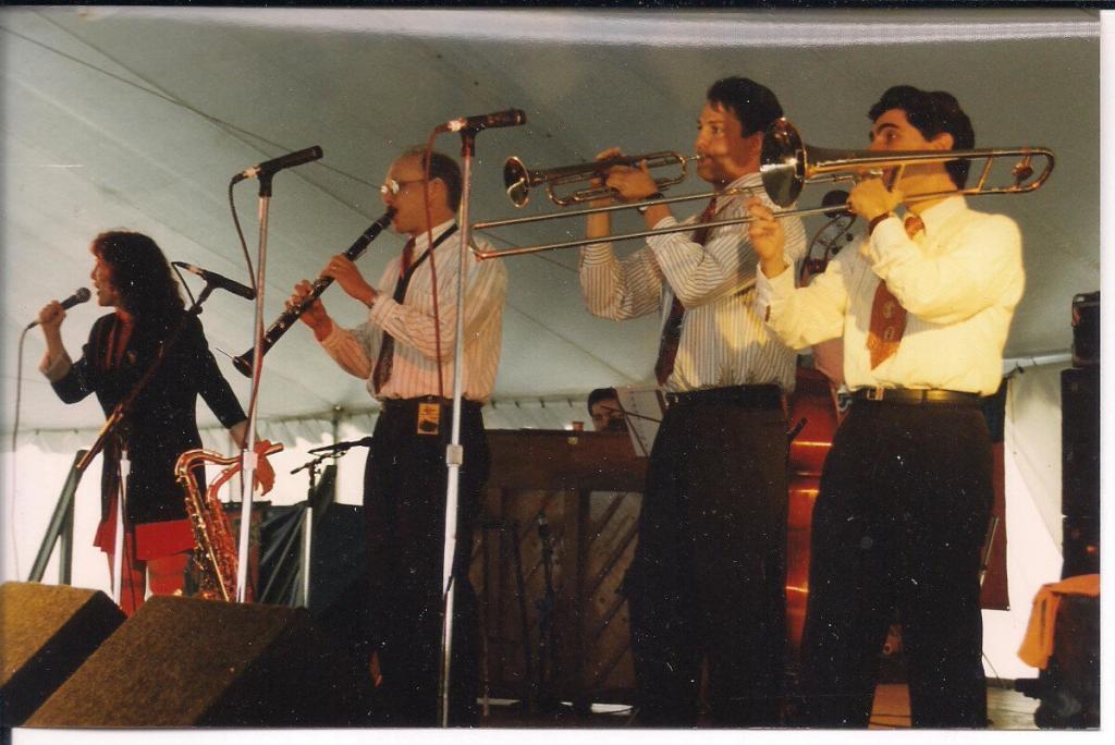 David Sager with Banu Gibson and the New Orleans Hot Jazz Orchestra at N.O. Jazz & Heritage Festival 1995. Tom Fischer, David Boeddinghaus, Duke Heit