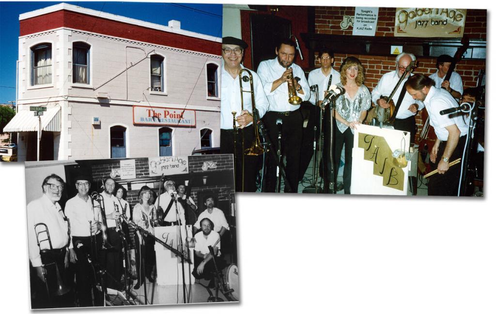 The full-scale, dual-trombone edition of Golden Age Jazz Band from a KJAZ radio broadcast at The Point in 1990. L to R: Mielke and Bardin, Jack Minger, David Giampietro, Melissa (Levesque) Collard, Dick Oxtot, Evan Dain (bass) Bob Scott (drums), and Dick’s son, Terry (Oxtot) Rodriguez (piano).