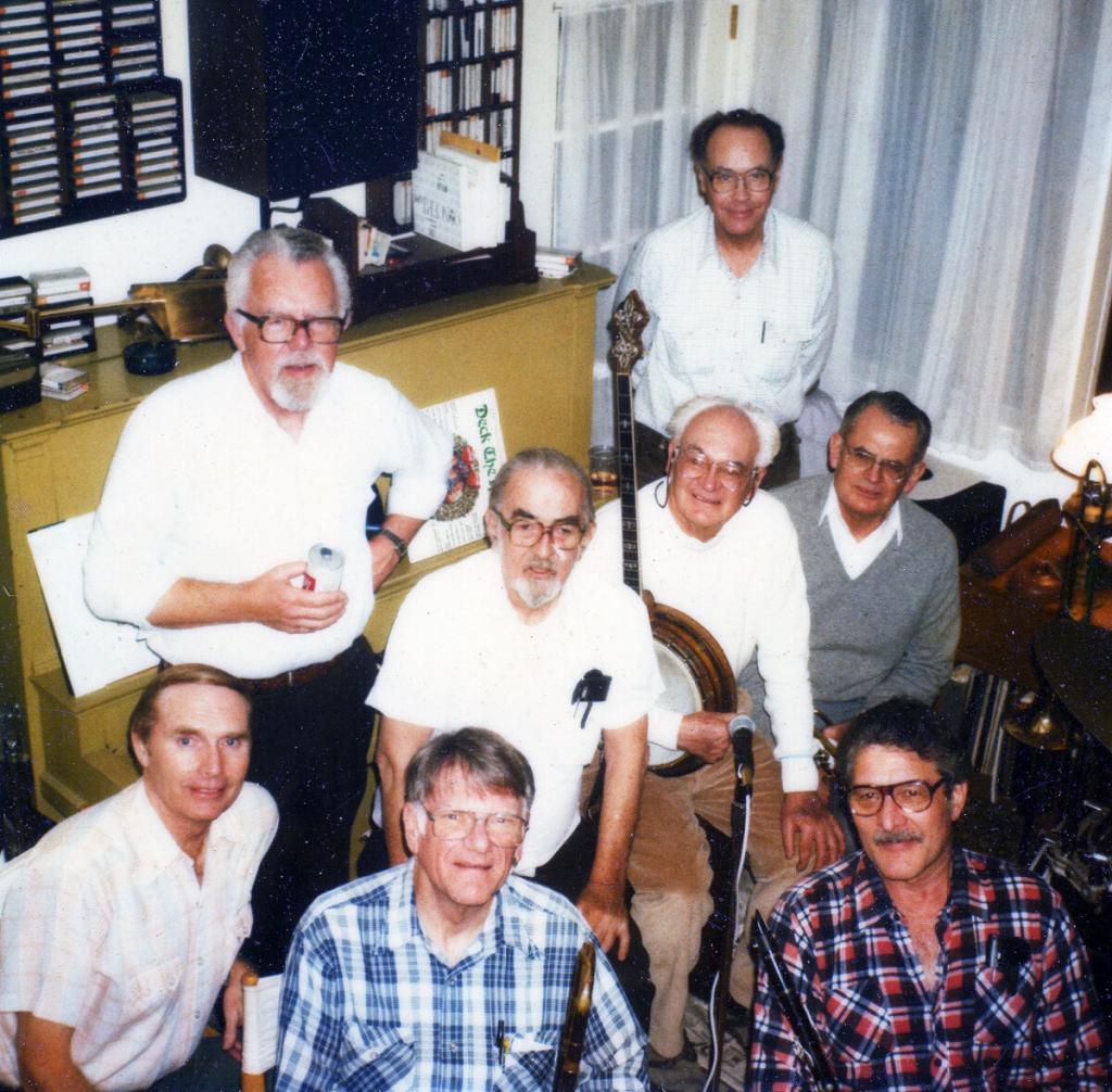 Among Bill’s closest East Bay associates were L to R: Don Fay (drums), Pete Allen (string bass), Bob Mielke (trombone), P.T. Stanton (cornet), Dick Oxtot (banjo), Bardin and Walter Yost (tuba, cornet).