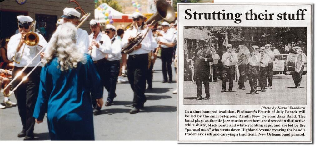 Zenith Parading Band at New Orleans-by-the-Bay 1991 (left) with horn players Bill Bardin and Jim Klippert (trombones), Earl Scheelar (clarinet), Dave Richoux, (helicon) and possibly, cornet players Jim Borkenhagen and Tom Barnebey.