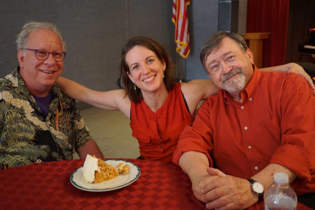 Jazz chronicler Michael Steinman with Erin Morris and Jim Dapogny—and some carrot cake. (photo by Laura Wyman)