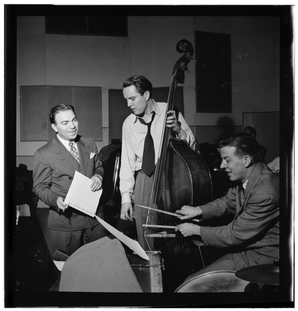 Portrait of Bob Haggart, Morey Feld, and Mack Shopnick, New York, N.Y.(?), ca. July 1947