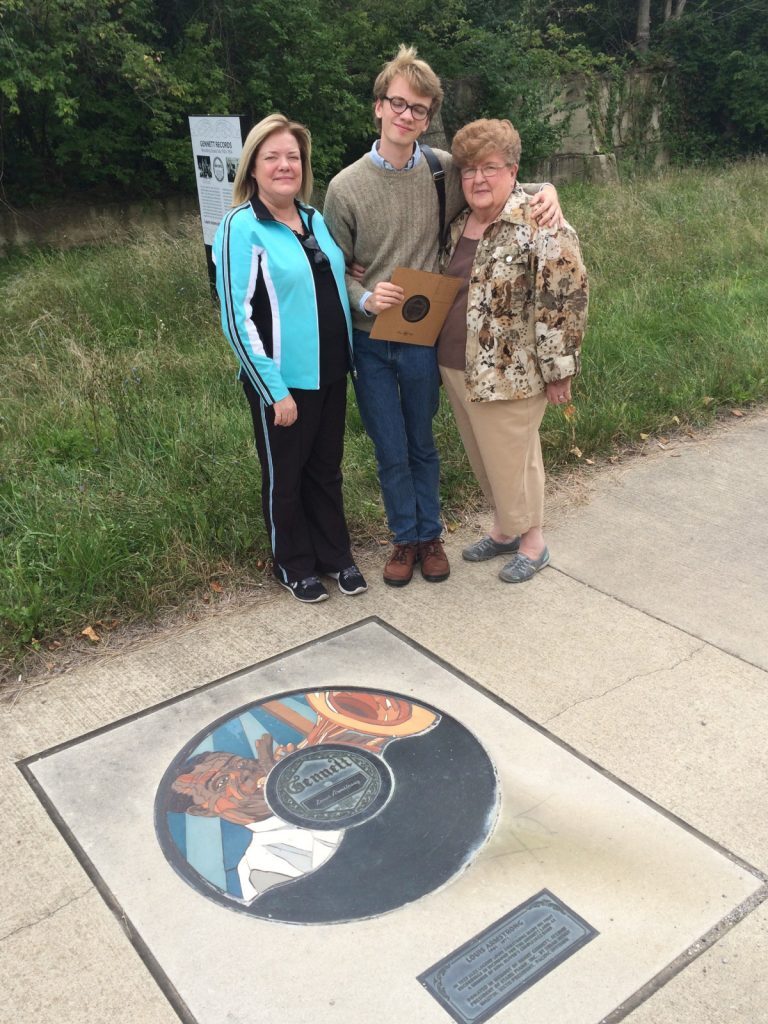 With his Mother and Grandmother at the site of the Gennett records studio, Richmond, Indiana