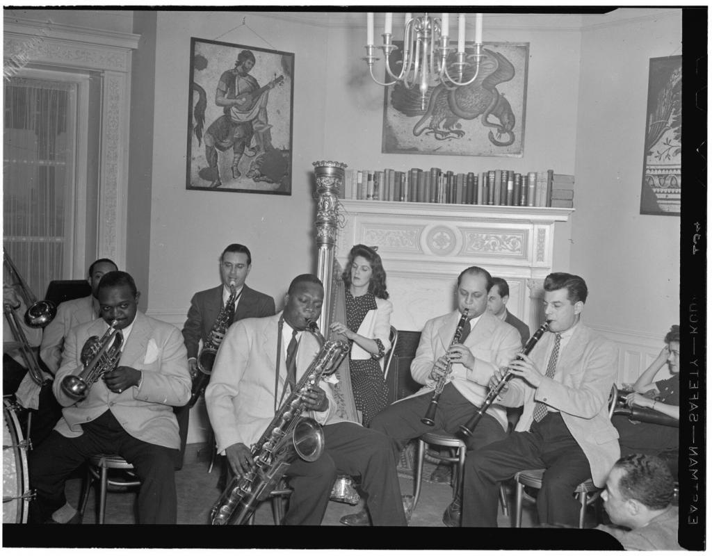 Johnny Hodges, Rex William Stewart, Adele Girard, Harry Carney, Barney Bigard, and Joe Marsala