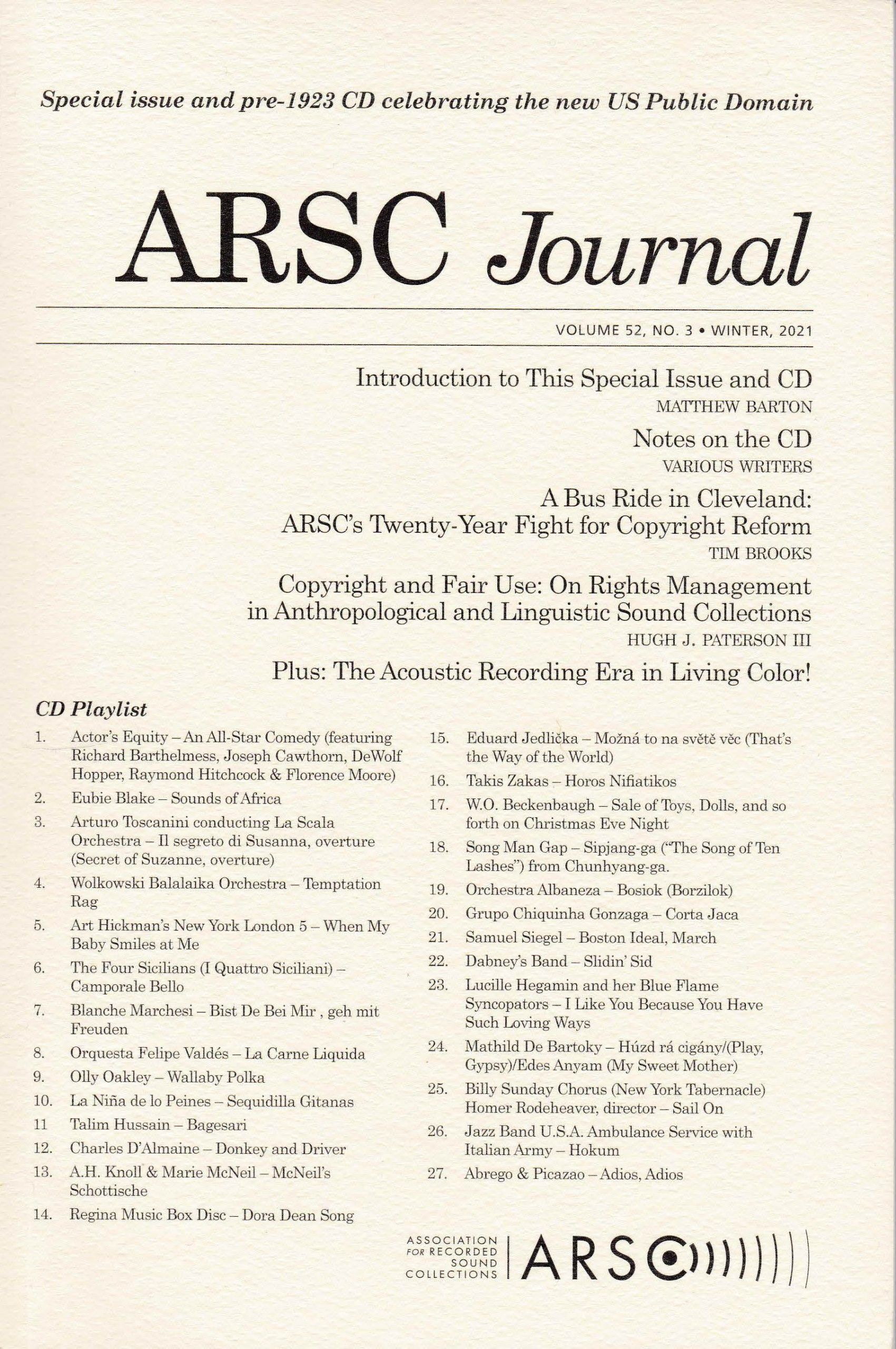 ARSC Journal: Special Issue and Pre-1923 CD Celebrating the new US Public Domain
