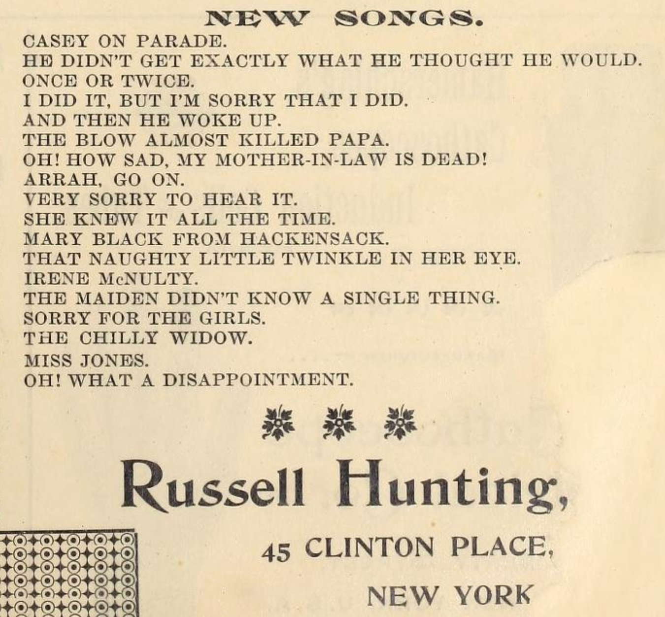 An 1896 ad for Russell Hunting songs.