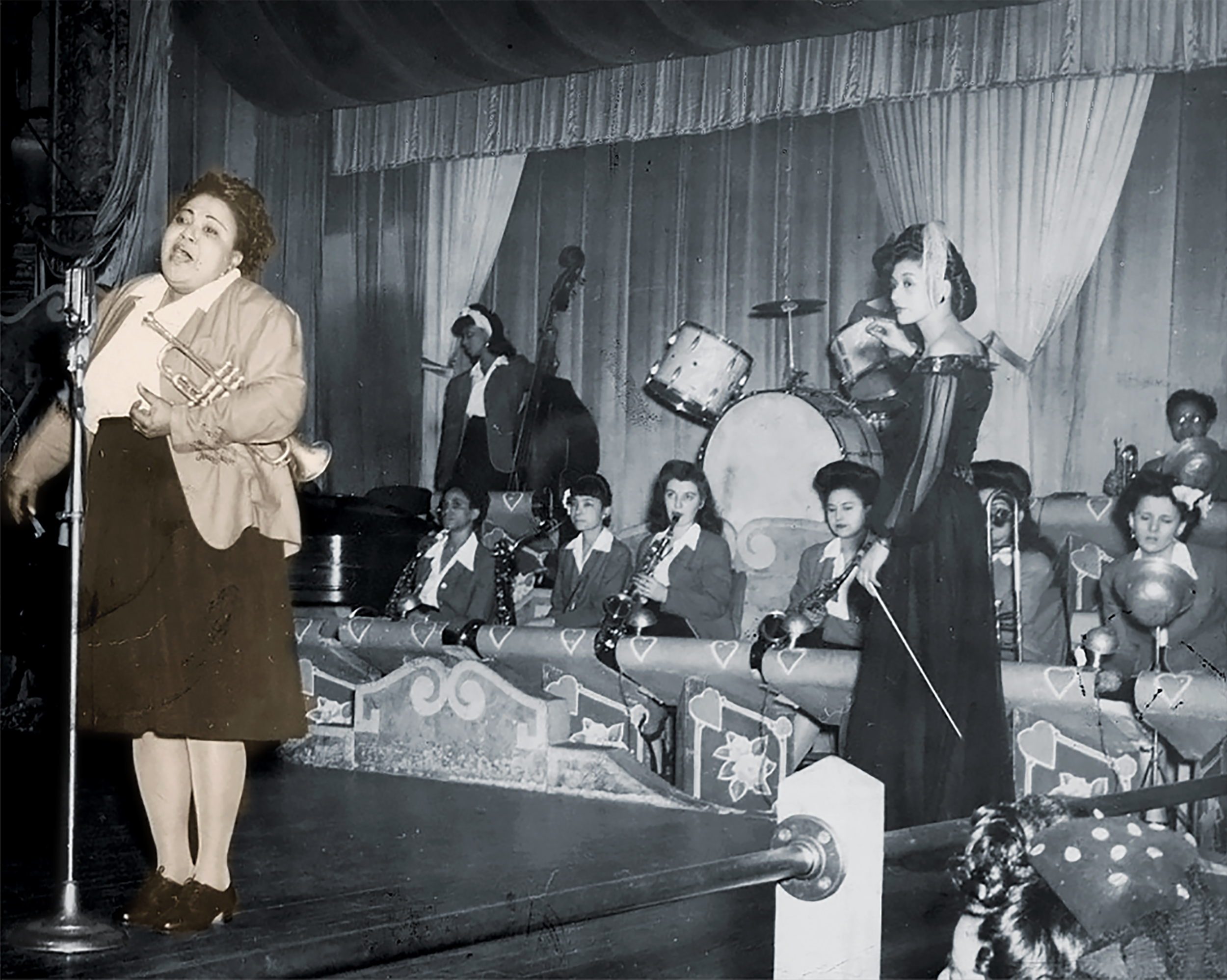 Archives Center NMAHInternational Sweethearts of Rhythm Collection 1218 Series 2: Rosalind Cron Materials Box 1 Folder 16 Performance of the "Sweethearts" in St. Louis in 1944. Band leader/vocalist, Anna Mae Winburn