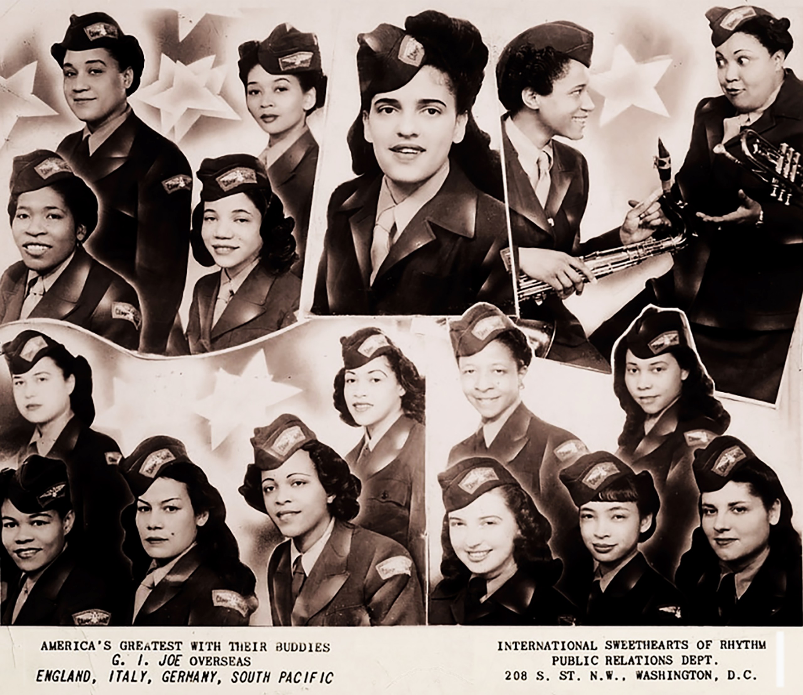 NMAH Archives Center International Sweethearts of Rhythm Collection 1218 Series 2: Rosalind Cron Materials Box 1 Folder 9 Groups of International Sweethearts of Rhythm members in uniform labeled with "American"s Greatest with their budidies G. I. Joe overseas