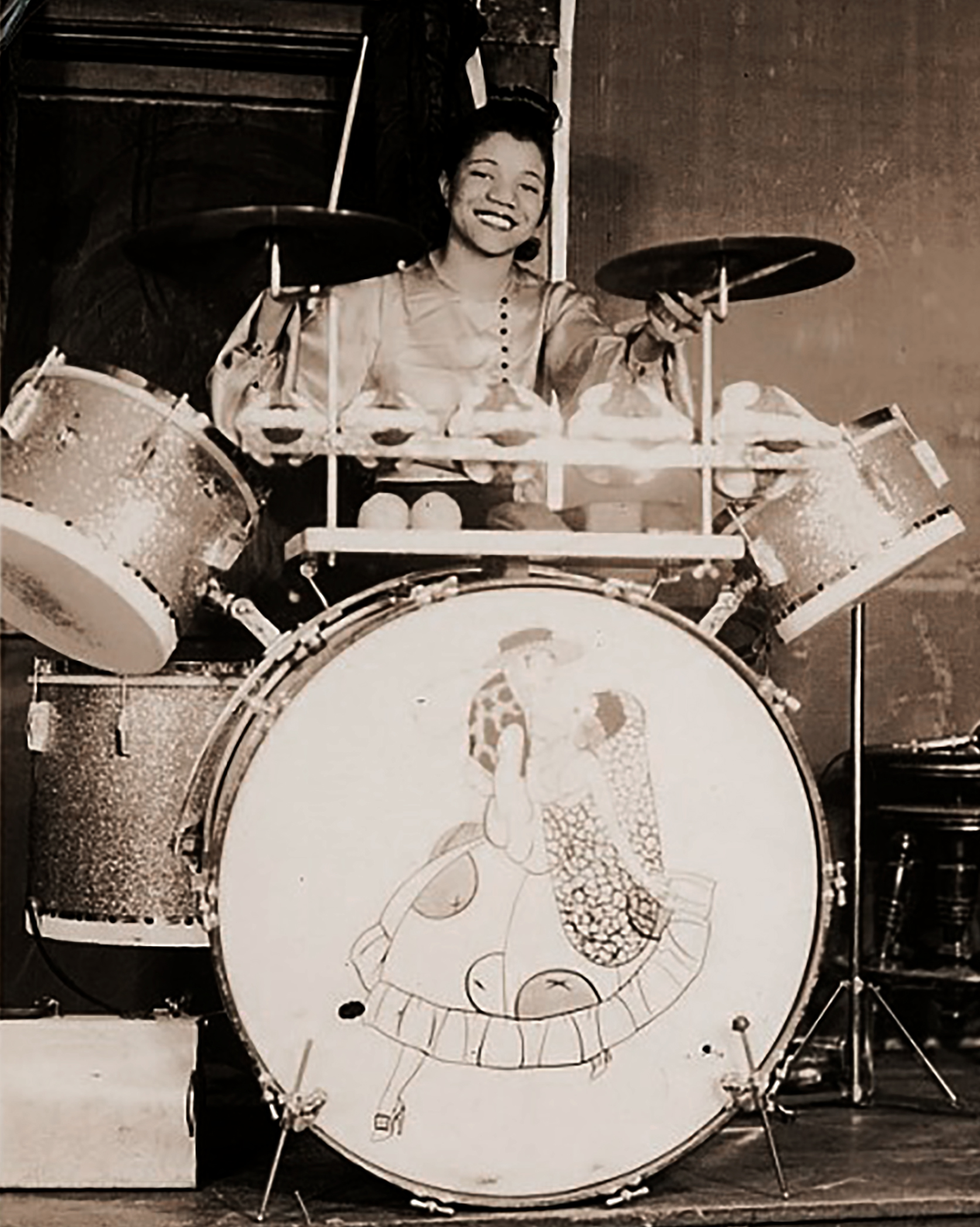 NMAH Archives CenterInternational Sweethearts of Rhythm Collection 1218 Series 1: Piney Woods Box 1 Folder 1 Photographer Stamp: The Teal Studio, Houston, Texas "Pauline Braddy, member of The Piney Woods All Girls Band, Sweethearts of Rhythm" drummer